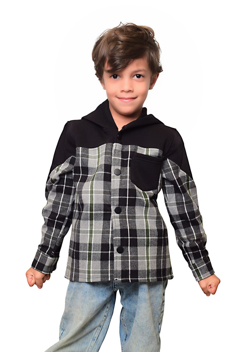 Bongo Kids Wear Plaid Capsule Sleeve Design Fayla Melton Blend Jacket For Boys - Black Gray - Image 1