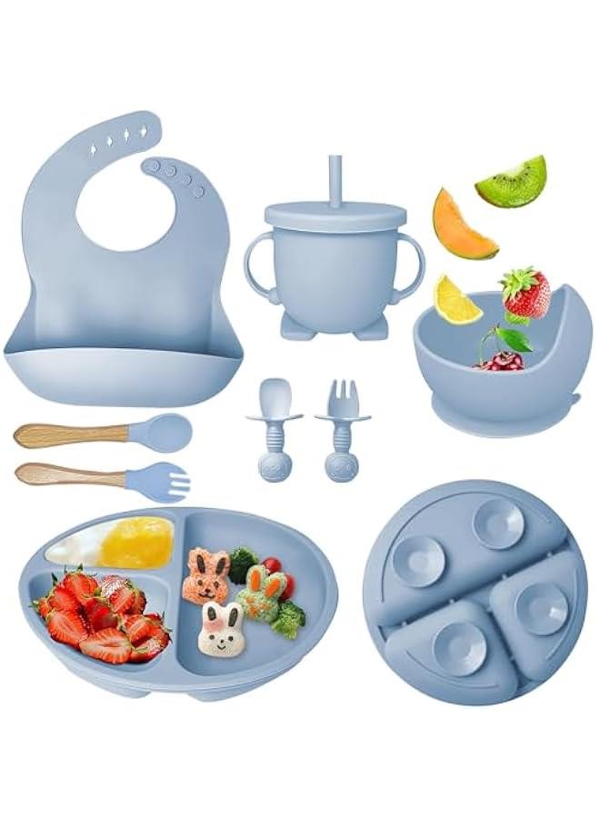 HOOKOR Silicone Baby Feeding Set, Baby Led Weaning Supplies with Suction Bowl Divided Plate, Toddler Self Feeding Dish Set with Spoons Forks Sippy Cup Adjustable Bib, Baby Eating Utensils (Grey Blue) - Image 1