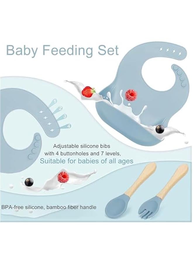 HOOKOR Silicone Baby Feeding Set, Baby Led Weaning Supplies with Suction Bowl Divided Plate, Toddler Self Feeding Dish Set with Spoons Forks Sippy Cup Adjustable Bib, Baby Eating Utensils (Grey Blue) - Image 5