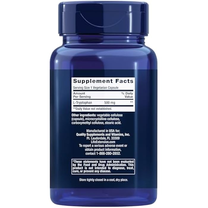 Life Extension L-Tryptophan, 500 mg, Encourages Healthy Serotonin Levels and Promotes Healthy Sleep, Mood, Stress Response & Satiety, Gluten-Free, Non-GMO, Vegetarian, 90 Capsules - Image 2