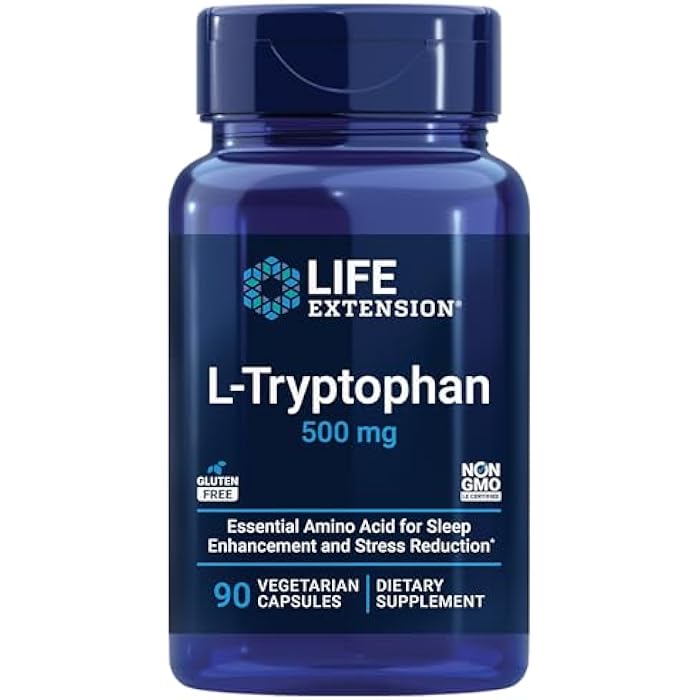 Life Extension L-Tryptophan, 500 mg, Encourages Healthy Serotonin Levels and Promotes Healthy Sleep, Mood, Stress Response & Satiety, Gluten-Free, Non-GMO, Vegetarian, 90 Capsules - Image 1