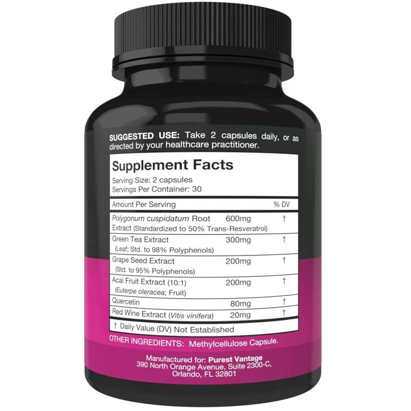 Purest vantage Resveratrol Supplement - Potent 1400mg Formula with Trans Resveratrol, Quercetin, Grape Seed, Green Tea, Acai and Red Wine Extract - 60 Veggie Capsules - Image 2