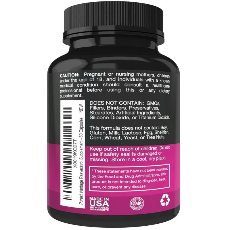 Purest vantage Resveratrol Supplement - Potent 1400mg Formula with Trans Resveratrol, Quercetin, Grape Seed, Green Tea, Acai and Red Wine Extract - 60 Veggie Capsules - Image 3
