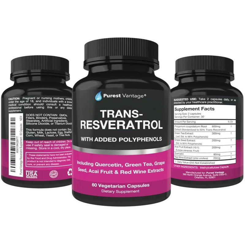 Purest vantage Resveratrol Supplement - Potent 1400mg Formula with Trans Resveratrol, Quercetin, Grape Seed, Green Tea, Acai and Red Wine Extract - 60 Veggie Capsules - Image 4