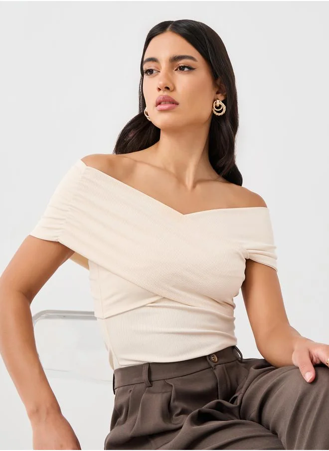 ستايلي Styli Solid Ribbed Off-Shoulder Knit Top