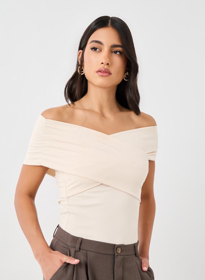Styli Solid Ribbed Off-Shoulder Knit Top - Image 1