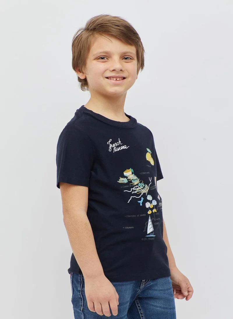 One Friday One Friday Boys Printed Navy Blue T-shirt
