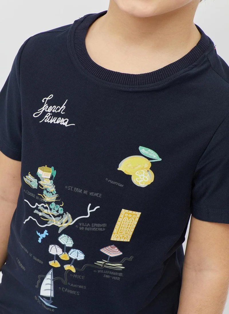 One Friday One Friday Boys Printed Navy Blue T-shirt