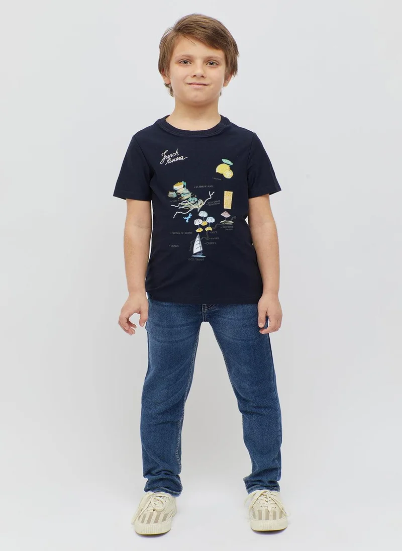 One Friday One Friday Boys Printed Navy Blue T-shirt
