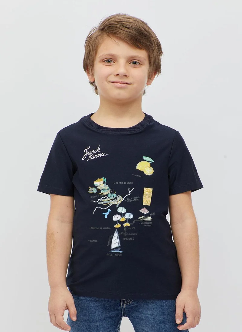 One Friday One Friday Boys Printed Navy Blue T-shirt