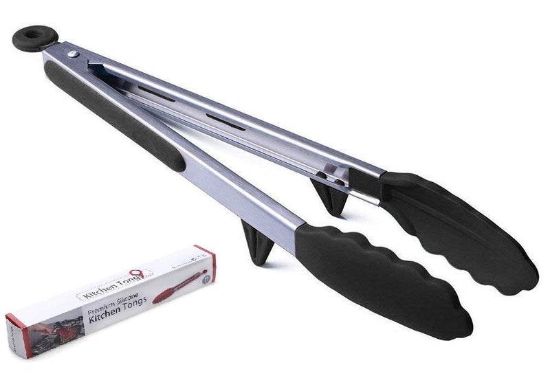 we3 Heavy-Duty Non-Stick Stainless Steel Silicone Kitchen Tongs (Black, 9 Inches) - Image 1