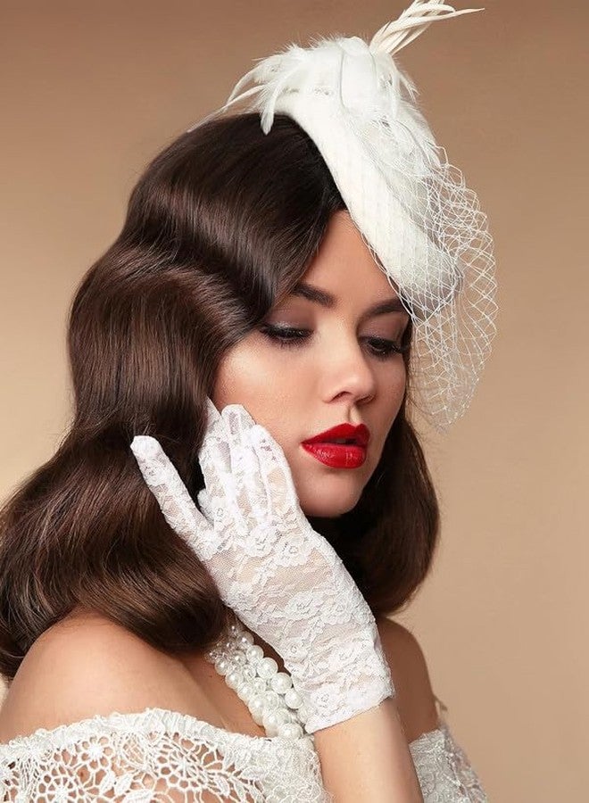 YANWENX Ladies Floral Lace Gloves Vintage Opera Gloves, Women Short Elegant Lace Gloves for Women Ladies and Girls Evening Wedding_White - Image 3