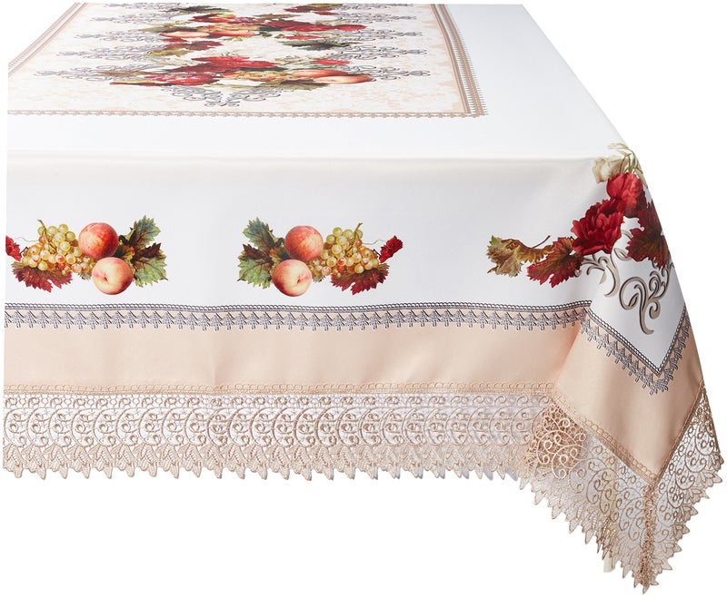 Violet Linen Decorative Printed Fruttela Tablecloth with Lace Trimming Ivory  70 X 120
