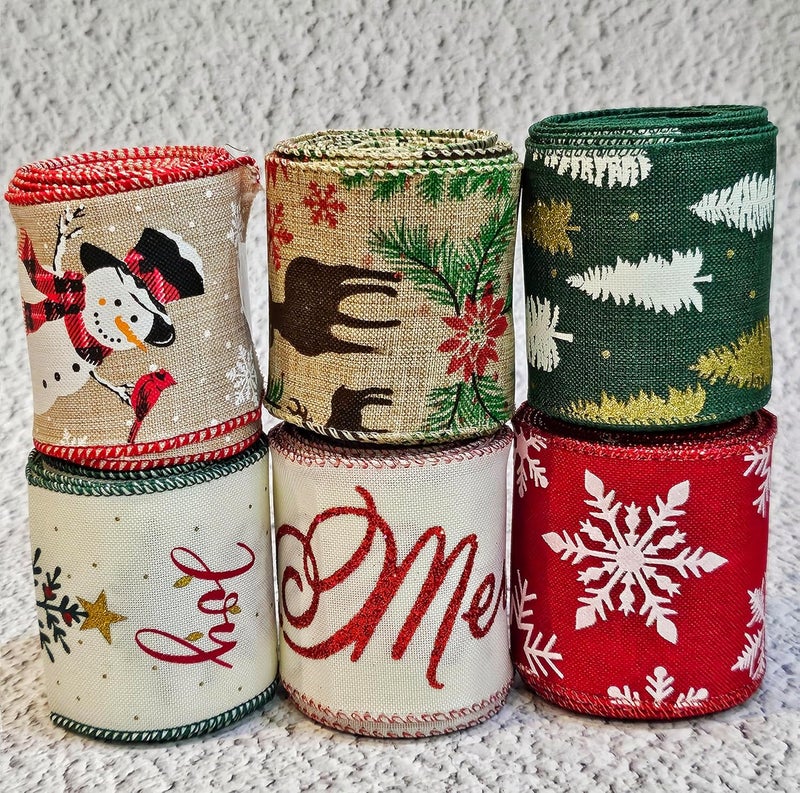 3 Rolls X 4 Yards Christmas Wired Edge Ribbon Burlap Ribbon Wrapping DIY Crafts Bows Xmas Birthday Decoration Party Supplies25 Inches All 6 Combo