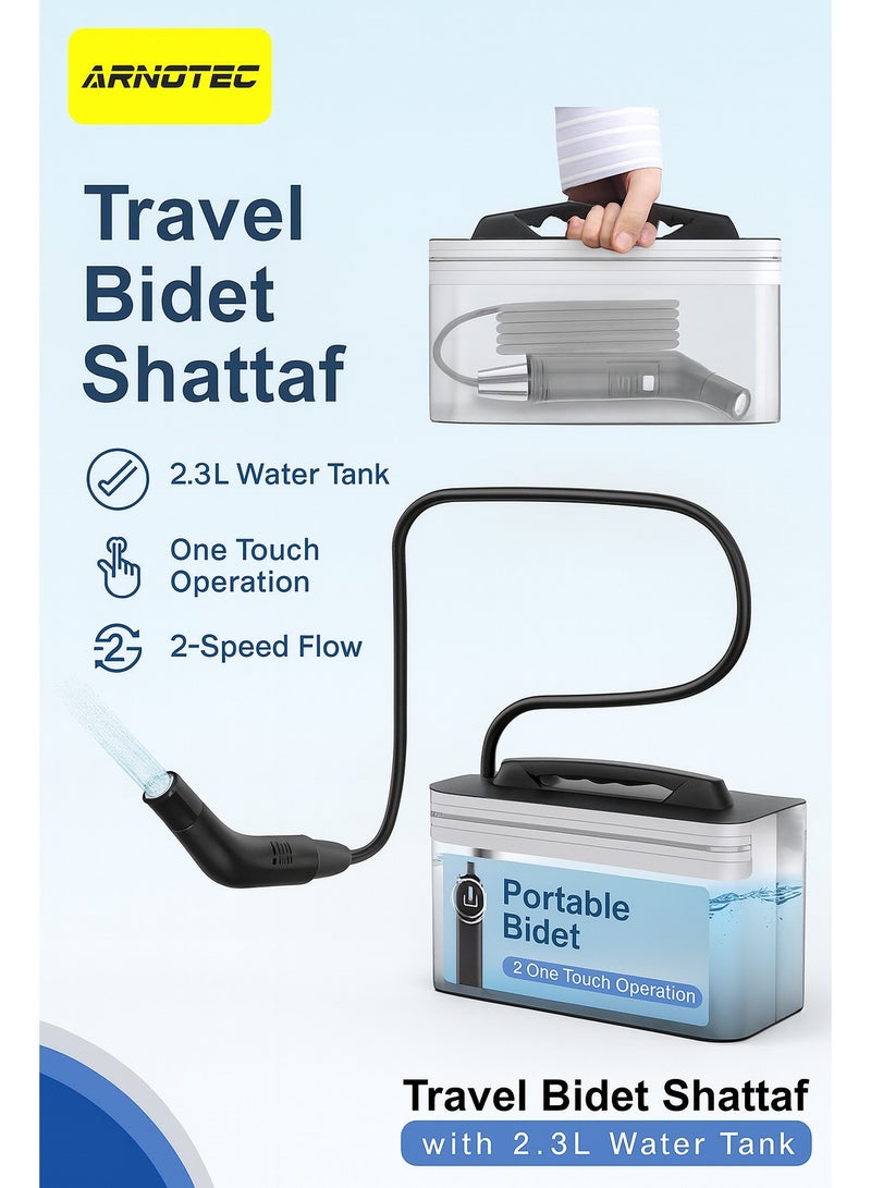ARNOTEC Portable Electric Bidet Shattaf, Rechargeable Personal Hygiene Sprayer with 1.2m Hose & 2.3L Water Container for Travel, Home, Baby Care & Camping - Image 1