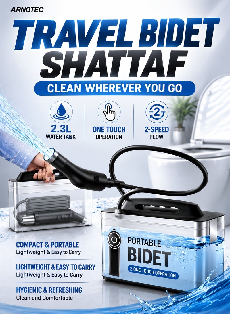 ARNOTEC  bidet كهربائي محمول شطاف، بخاخ نظافة شخصية قابل لإعادة الشحن مع خرطوم بطول 1.2م وحاوية مياه سعة 2.3ل للسفر، المنزل، رعاية الأطفال والتخييم - Image 1
