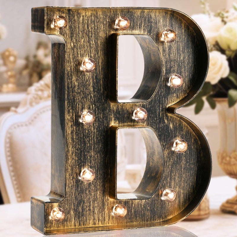 OYCBUZO Golden Black Led Marquee Letter Industrial Vintage Style Light Up Alphabet Letter Sign for Cafe Wedding Birthday Party Christmas Lamp Home Bar Initials Decor B