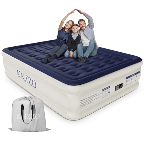 KNZZO Air Mattress Queen with Built-in Pump, Blow Up Mattress with Soft Flocked Top, Leakproof Inflatable Mattress, Foldable Waterproof Air Bed for Home, Guests, Camping, with Storage Bag - Image 1
