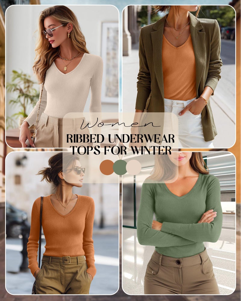 Riyiper 3 Pack Women Long Sleeve Shirts, 95% Cotton V Neck Ribbed Knit Tops Slim Fit Casual Going Out Tee Shirts(Light Beige, Matcha Green, Orange Yellow,Large) - Image 2