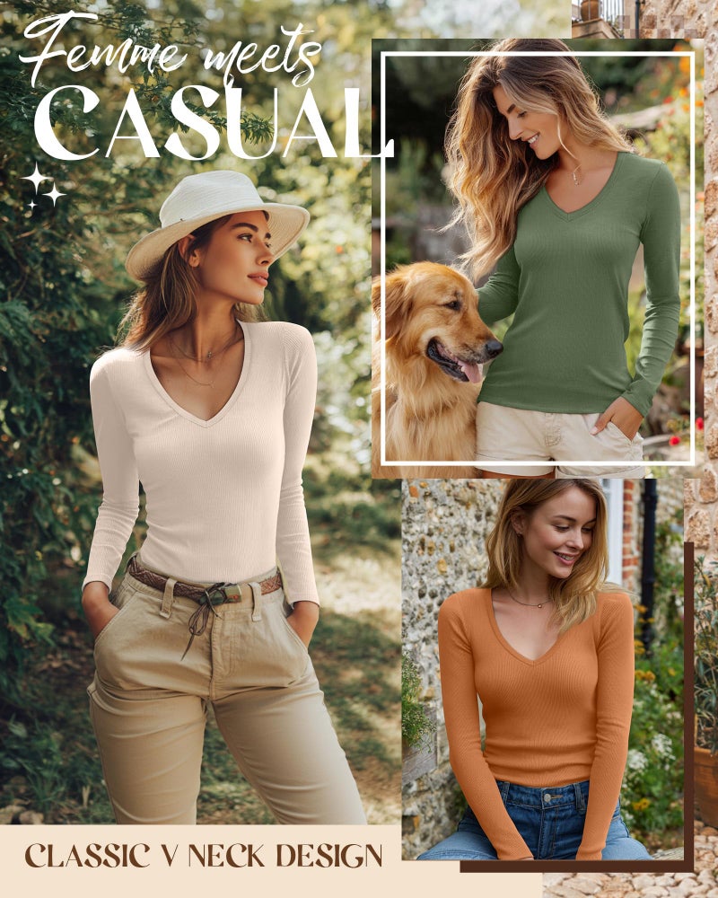 Riyiper 3 Pack Women Long Sleeve Shirts, 95% Cotton V Neck Ribbed Knit Tops Slim Fit Casual Going Out Tee Shirts(Light Beige, Matcha Green, Orange Yellow,Large) - Image 3