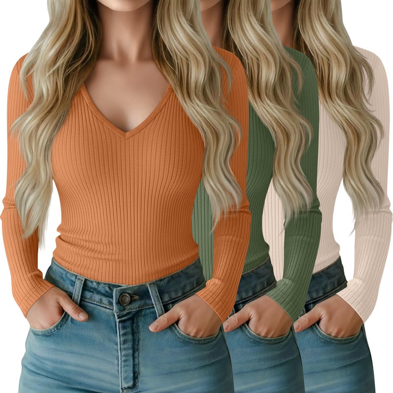 Riyiper 3 Pack Women Long Sleeve Shirts, 95% Cotton V Neck Ribbed Knit Tops Slim Fit Casual Going Out Tee Shirts(Light Beige, Matcha Green, Orange Yellow,Large) - Image 1