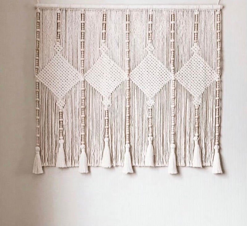 kiido Large Macrame Wall Hanging 47"Ã—33" Boho Tapestry Woven Wall Decor- Cotton Tassel Macrame Curtain Beige Chic Bohemian Wall Art for Home Living Room Bedroom Dorm Wedding (Includes Hanging Rod) - Image 1