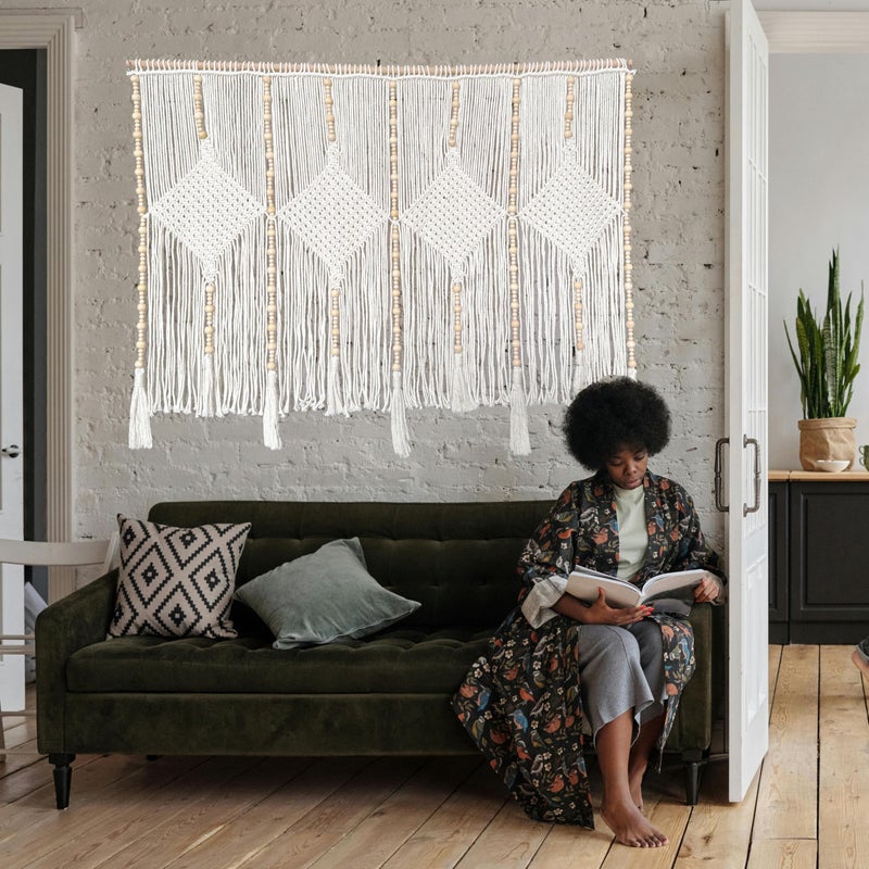 kiido Large Macrame Wall Hanging 47"Ã—33" Boho Tapestry Woven Wall Decor- Cotton Tassel Macrame Curtain Beige Chic Bohemian Wall Art for Home Living Room Bedroom Dorm Wedding (Includes Hanging Rod) - Image 2