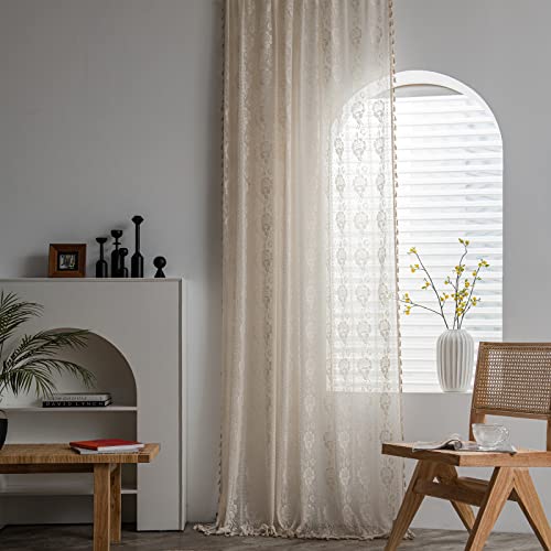 Sutuo Home Crochet Boho Curtains Rose Florals Embroidery, Sheer Lace Handmade Tassels Knitted Window Treatment Vintage Rustic Bohemian Farmhouse Drape for Bedroom Rod Pocket 1 Panel 59" W x 84" L - Image 2