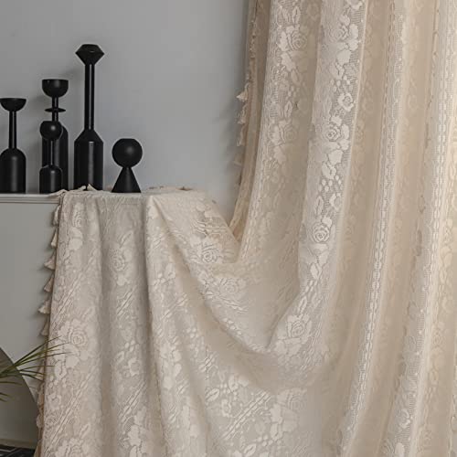 Sutuo Home Crochet Boho Curtains Rose Florals Embroidery, Sheer Lace Handmade Tassels Knitted Window Treatment Vintage Rustic Bohemian Farmhouse Drape for Bedroom Rod Pocket 1 Panel 59" W x 84" L - Image 4