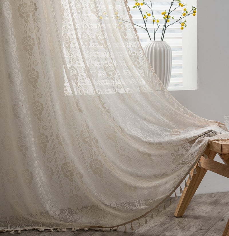 Sutuo Home Crochet Boho Curtains Rose Florals Embroidery, Sheer Lace Handmade Tassels Knitted Window Treatment Vintage Rustic Bohemian Farmhouse Drape for Bedroom Rod Pocket 1 Panel 59" W x 84" L - Image 1