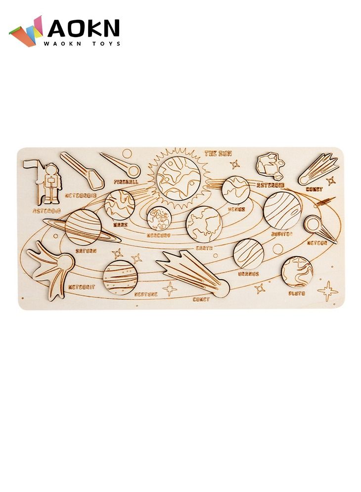 WAOKN Solar System Model Board Wooden Science STEM for Kids with Removable Planets Outer Space Themed Educational Puzzle Game Toy Gift for Boys and Girls Classic Set - Image 1