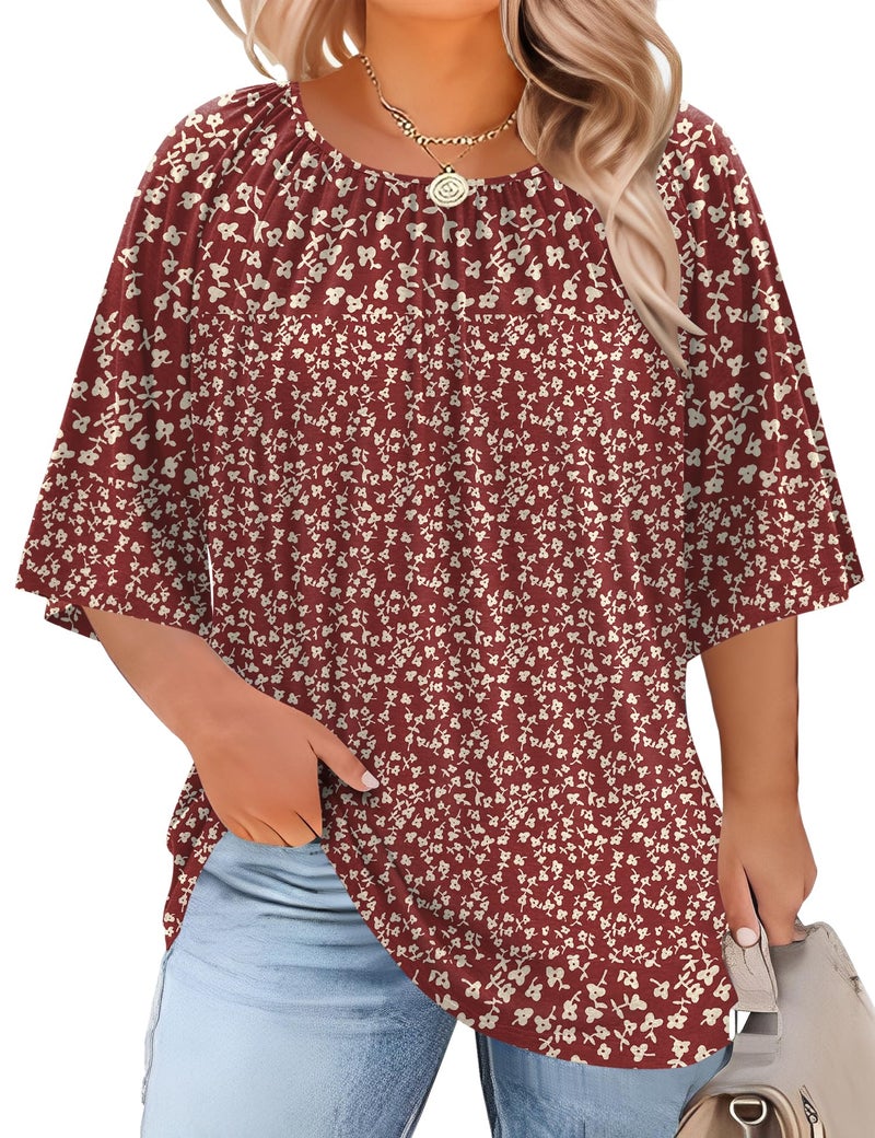 LOMON Plus Size Womens Clothing 3/4 Sleeve Crewneck Shirts Loose Curvy Blouses Flowy Printed Tunics Tops (Red Floral, 3XL) - Image 1