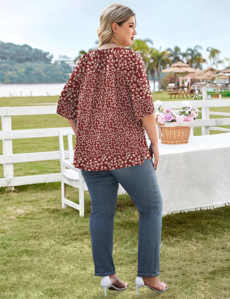 LOMON Plus Size Womens Clothing 3/4 Sleeve Crewneck Shirts Loose Curvy Blouses Flowy Printed Tunics Tops (Red Floral, 3XL) - Image 4
