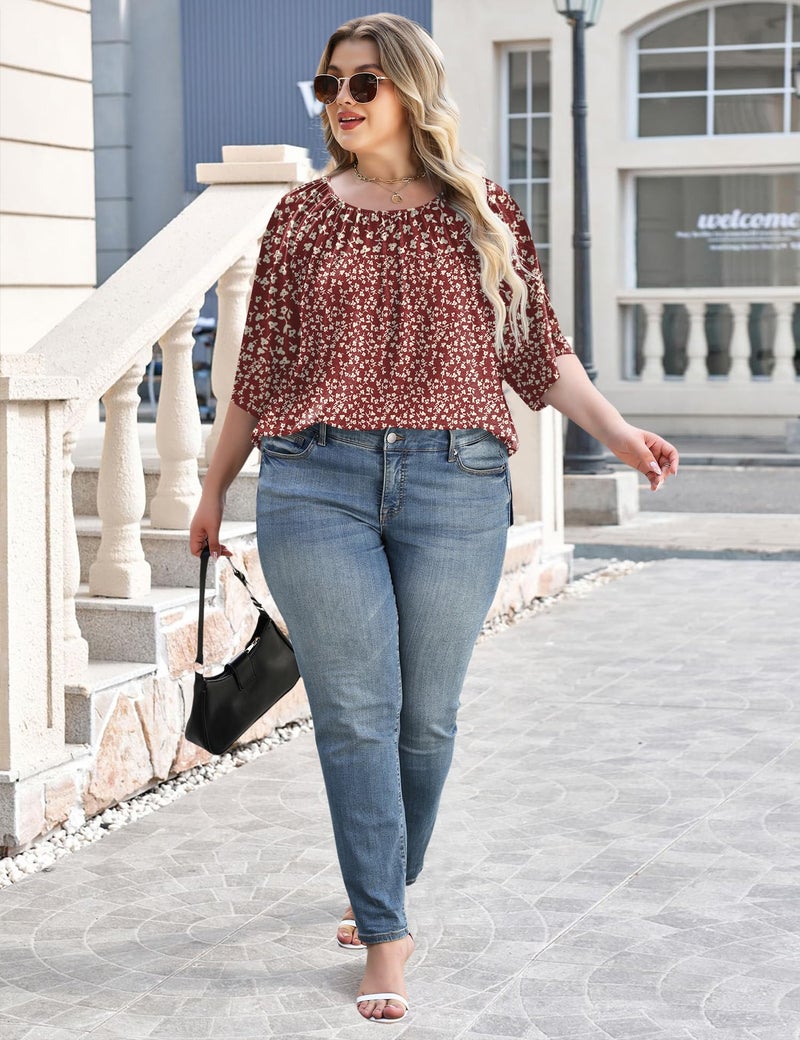 LOMON Plus Size Womens Clothing 3/4 Sleeve Crewneck Shirts Loose Curvy Blouses Flowy Printed Tunics Tops (Red Floral, 3XL) - Image 2