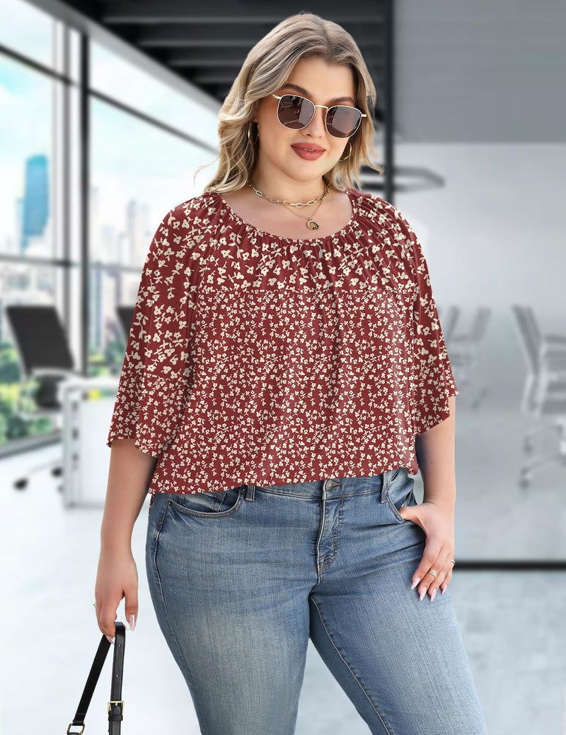 LOMON Plus Size Womens Clothing 3/4 Sleeve Crewneck Shirts Loose Curvy Blouses Flowy Printed Tunics Tops (Red Floral, 3XL) - Image 3