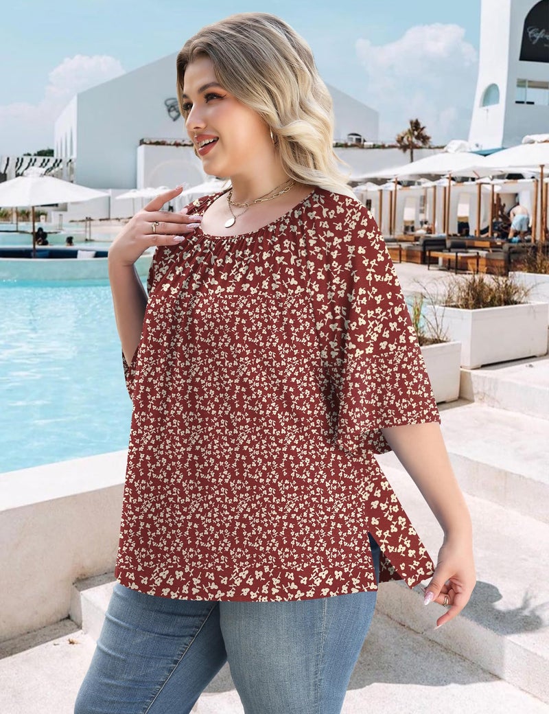LOMON Plus Size Womens Clothing 3/4 Sleeve Crewneck Shirts Loose Curvy Blouses Flowy Printed Tunics Tops (Red Floral, 3XL) - Image 5