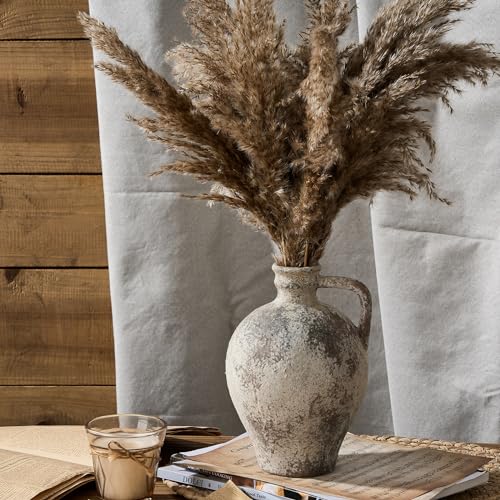 LUKA Ceramic Rustic Farmhouse Vase,8.25 inch Terracotta Vase with Handle,Neutral Clay Pot Vases Decorative Vase for Living Room,Table,Shelf Decor(Brown,M) - Image 3