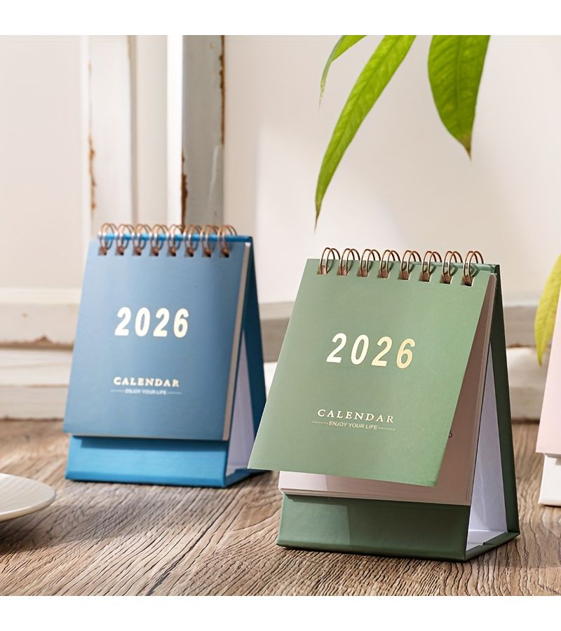 تقويم مكتبي صغير باللون الوردي لعامي 2025 و2026، شهري صغير الحجم، ورق سميك 250 جرام للمتر المربع، تجليد سلك مزدوج، للاستخدام في المنزل أو المكتب. - Image 5