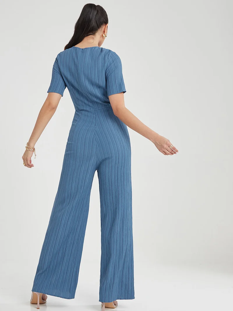 Styli Short Sleeves Textured Wide Leg Jumpsuit