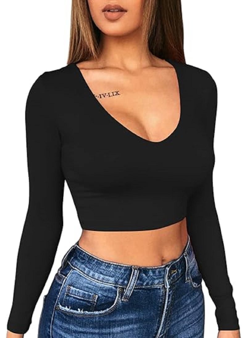 MANIKAN Women's Undershirt Deep V-Neck Long Sleeve Crop Top  Form-Fitting - Image 1