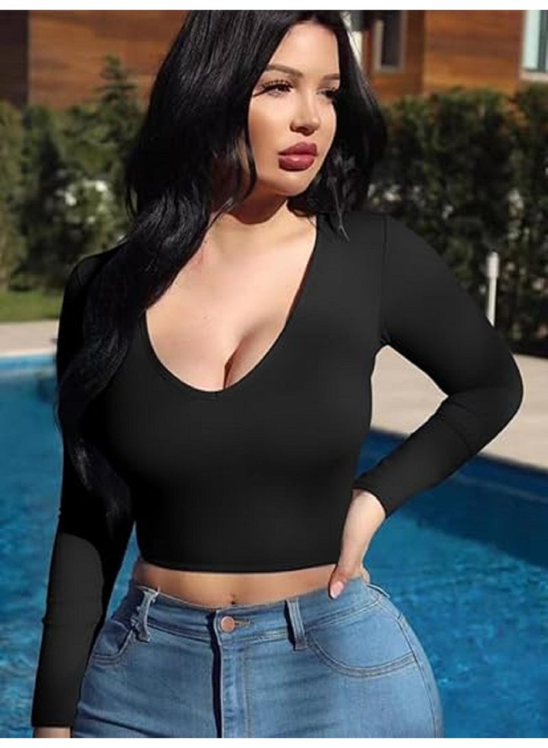 MANIKAN Women's Undershirt Deep V-Neck Long Sleeve Crop Top  Form-Fitting - Image 3