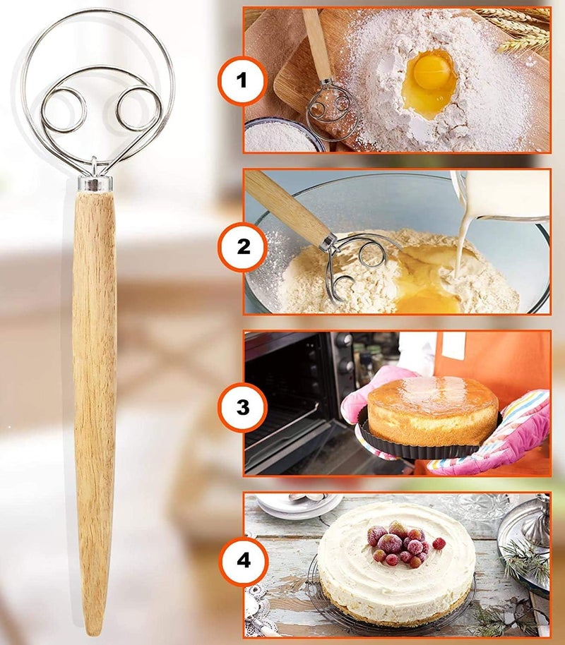 Deoxys 2Pcs Danish Dough Whisk Stainless Steel Dutch Whisks Wooden Danish Whisk Whisk Kitchen Tool for Bread Batter Cake Pastry Wooden - Image 4