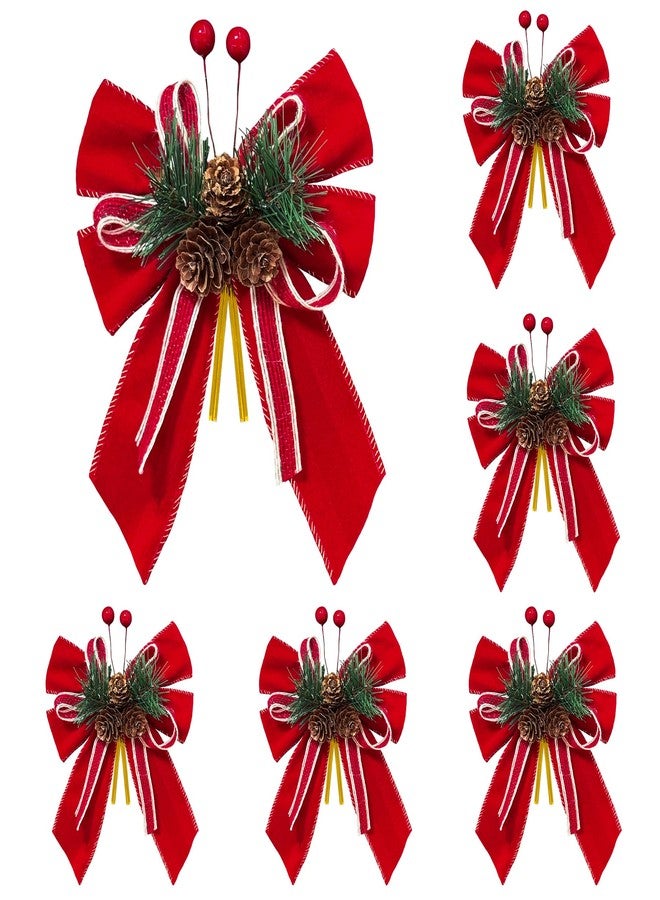foxwake Christmas Velvet Bows with Real Pine Cones - 6.7" Red Holiday Bows for Tree Decorations, Xmas Gift Wrapping & Crafts - Premium Festive Decor with Berry Accents(6 Pcs) - Image 1