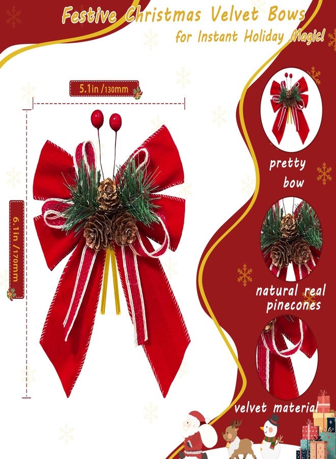 foxwake Christmas Velvet Bows with Real Pine Cones - 6.7" Red Holiday Bows for Tree Decorations, Xmas Gift Wrapping & Crafts - Premium Festive Decor with Berry Accents(6 Pcs) - Image 2