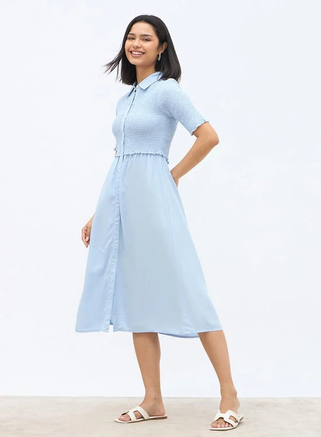 Styli Styli Solid Smocked Shirt Midi Dress with Lettuce Edge