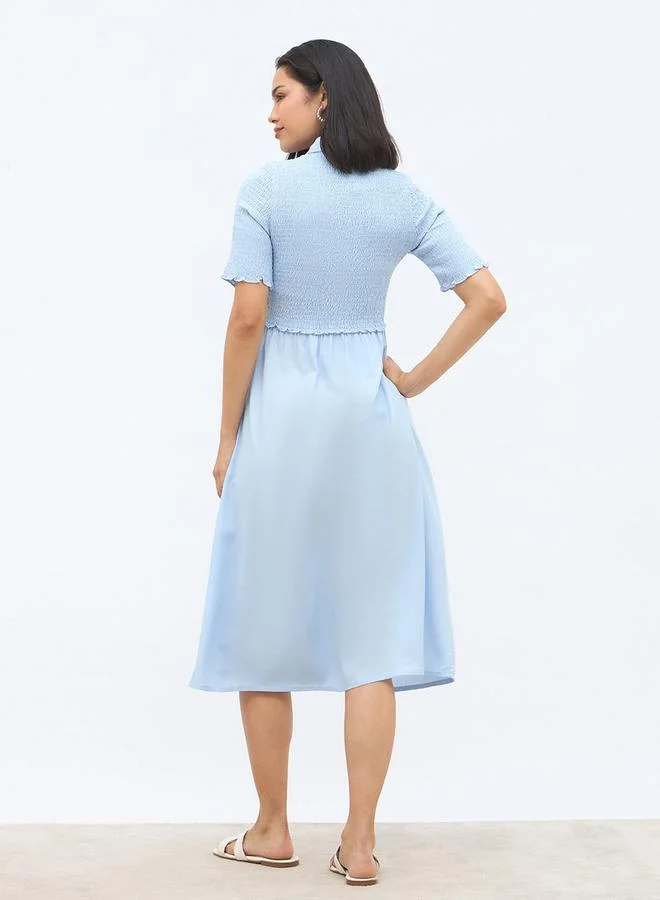 Styli Styli Solid Smocked Shirt Midi Dress with Lettuce Edge