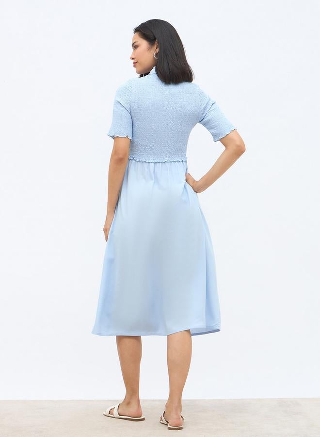 ستايلي فستان ميدي ستايلي سادة بياقة مكشكشة وحافة خس - Image 5