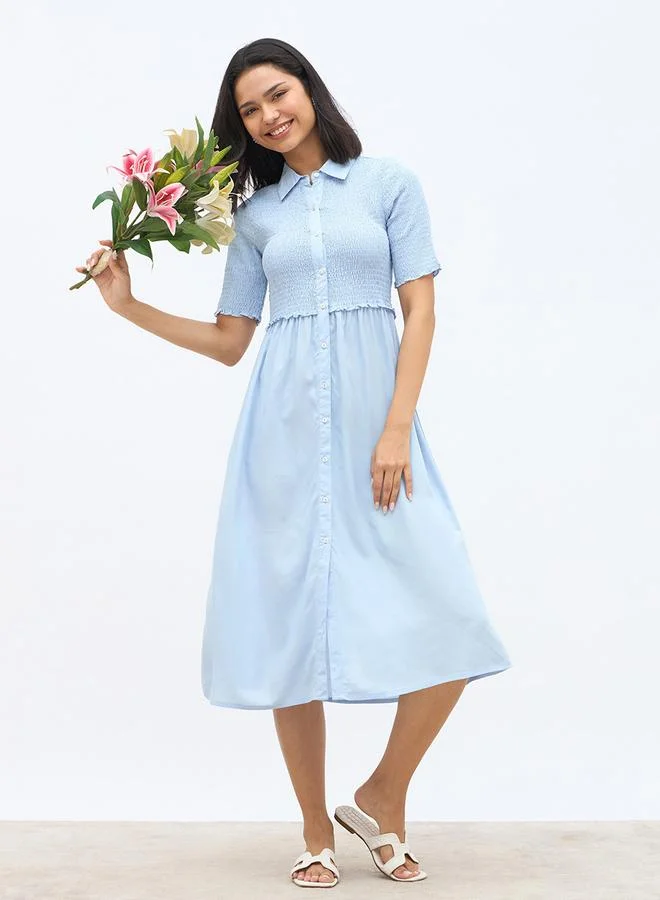 Styli Styli Solid Smocked Shirt Midi Dress with Lettuce Edge