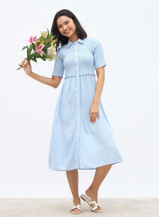 ستايلي فستان ميدي ستايلي سادة بياقة مكشكشة وحافة خس - Image 1