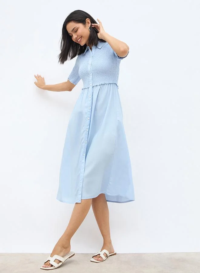 Styli Styli Solid Smocked Shirt Midi Dress with Lettuce Edge